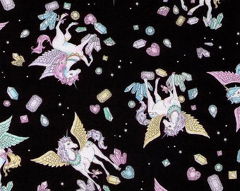 ONE YARD Cosmo Textile - Vanilla Pop Unicorn Crystals BLACK Glitter Pegasus Mythical Gem Diamond | My Little Pony Fabric Sweet Lolita