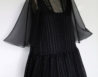 Doll Maker: All Black Gothic Victorian Chiffon Dress with Flutter Sleeves and Ponte Knit Dress | Gothic Lolita Gothic Fashion Black Dress