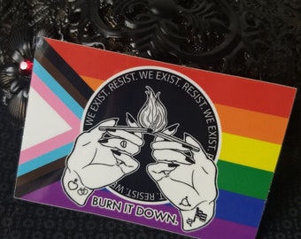RESIST Sticker | &#39;We Exist, Resist, Burn It Down&#39; Pride Flag | Nonbinary Pride | Trans Pride | Queer Gay Pride | LGBTQIA Flag | Trans Rights