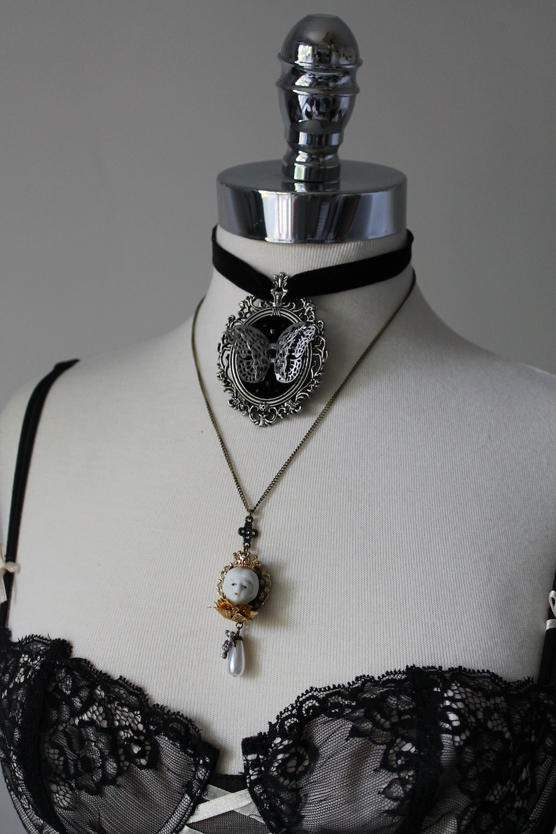 NIGHTSHADE Gothic Black Velvet Silver Butterfly Choker Cameo with Swarovski Crystals and Beads Punk Alt Fashion Gothic Lolita Ero image 6