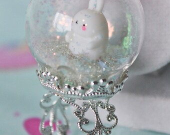 Kawaii Fairy Kei White Molang Bunny Rabbits in Glass Snow, Hearts, Stars Globe Ring Terrarium | Rabbit Ring | Bunny Ring