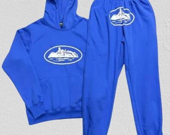 Chándal CRTZ con el logotipo de Alcatraz en negro, azul y gris, conjunto de ropa urbana Corteiz, sudadera con capucha unisex