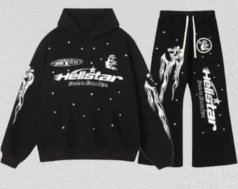 Hellstar Racer trainingspak vintage zwart – Flame graphic streetwear hoodie en joggingbroekset, oversized unisex joggingbroek