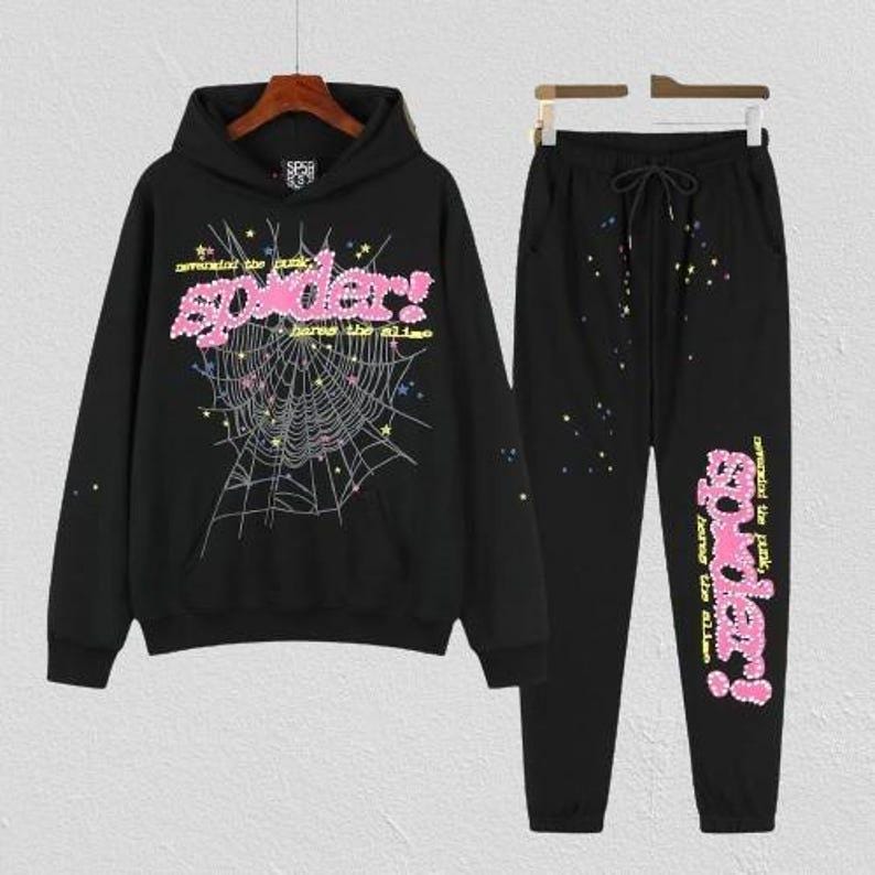 Chándal rosa Sp5der, conjunto de sudadera con capucha y joggers rosa y negro / Spider / Chándal unisex Y2K imagen 2