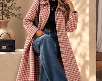 Long Plaid Gingham Trench Coat, Button Down Duster, Oversized Fall Winter Jacket