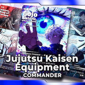 May include: A collection of Jujutsu Kaisen Equipment Commander cards. The cards feature colorful anime-style illustrations of characters and creatures. The text "Jujutsu Kaisen Equipment Commander" is displayed prominently at the bottom of the image.