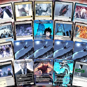 May include: A collection of Magic: The Gathering trading cards, featuring various illustrations and card types. The cards display a range of colors and artwork, including landscapes, creatures, and spells. The cards are arranged in a visually appealing display.