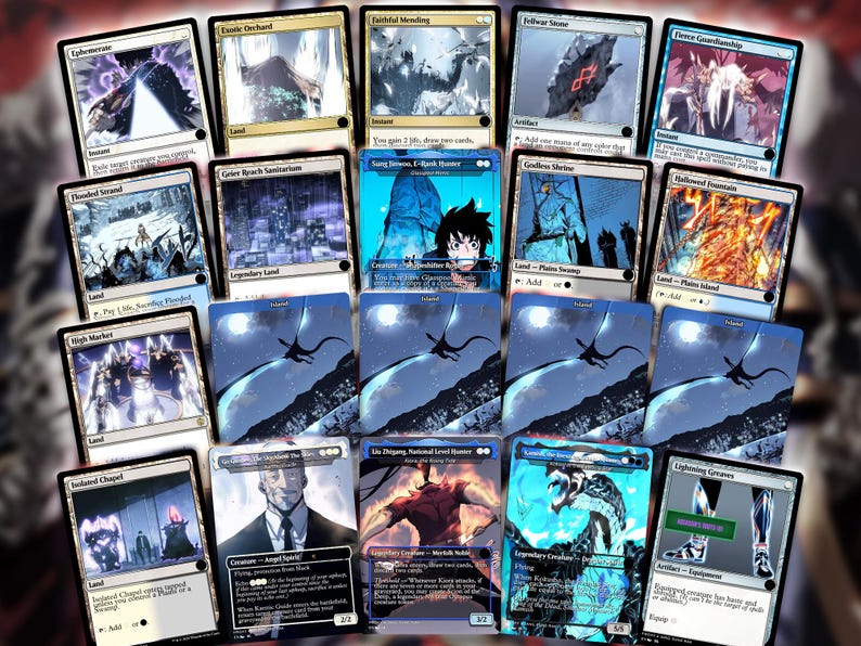 May include: A collection of Magic: The Gathering trading cards, featuring various illustrations and card types. The cards display a range of colors and artwork, including landscapes, creatures, and spells. The cards are arranged in a visually appealing display.