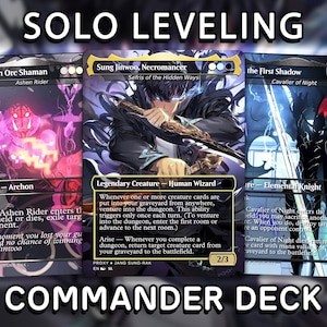 May include: Three Magic: The Gathering Commander deck cards. The cards feature illustrations of fantasy characters and include text such as "Solo Leveling" and "Commander Deck". The cards are labeled "Tusk, High Orc Shaman", "Sung Jinwoo, Necromancer", and "The First Shadow".