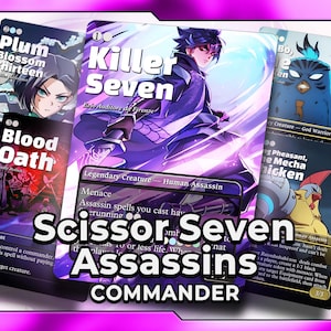 May include: A selection of fantasy trading cards with character and creature illustrations. The cards are labelled with titles such as "Killer Seven," "Plum Blossom Thirteen," and "Blood Oath." The text "Scissor Seven Assassins Commander" is visible.