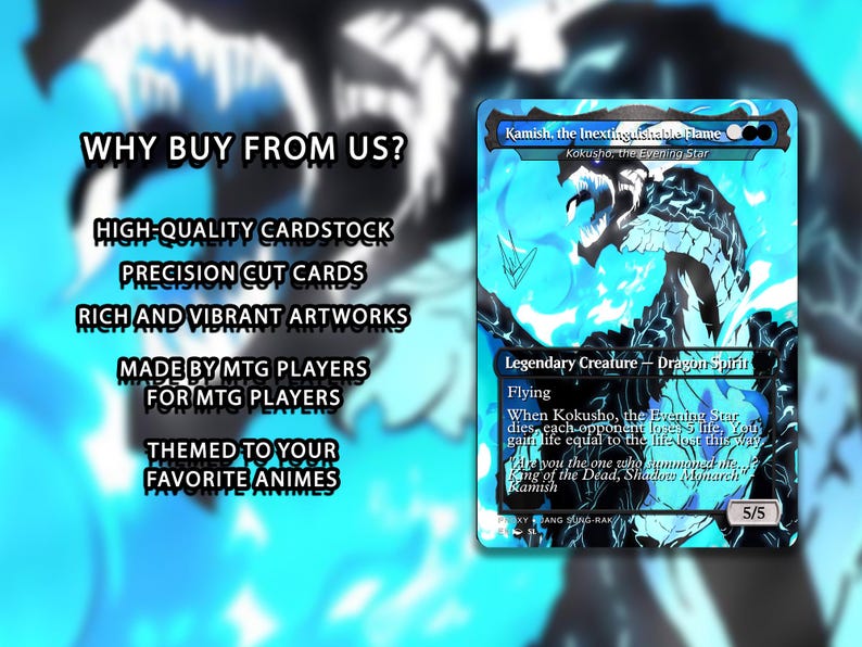 May include: A Magic: The Gathering card featuring "Kamish, the Inextinguishable Flame." The card has a blue and black dragon illustration with text that reads "Legendary Creature - Dragon Spirit." The card also includes the text "Why buy from us?" and other text.