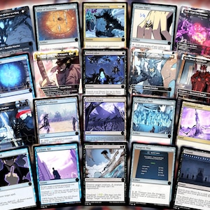 May include: A collection of Magic: The Gathering trading cards, featuring various illustrations and text. The cards display a range of colors, including blue, purple, and red, with fantasy art and stylized text. The cards are arranged in a slightly overlapping pattern.
