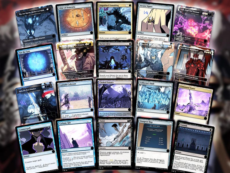 May include: A collection of Magic: The Gathering trading cards, featuring various illustrations and text. The cards display a range of colors, including blue, purple, and red, with fantasy art and stylized text. The cards are arranged in a slightly overlapping pattern.