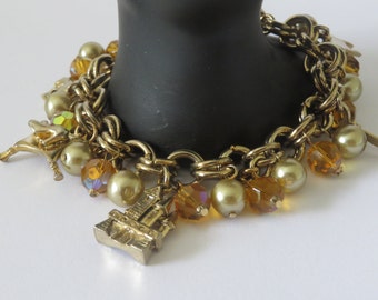 Gold Tone Vintage Charms / Gold Faux Pearls Bracelet Disney Motif