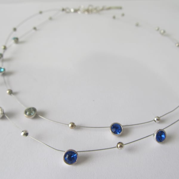 Vintage Nine West Silver Tone Assorted Blue Tones Glass Beads Wire Necklace