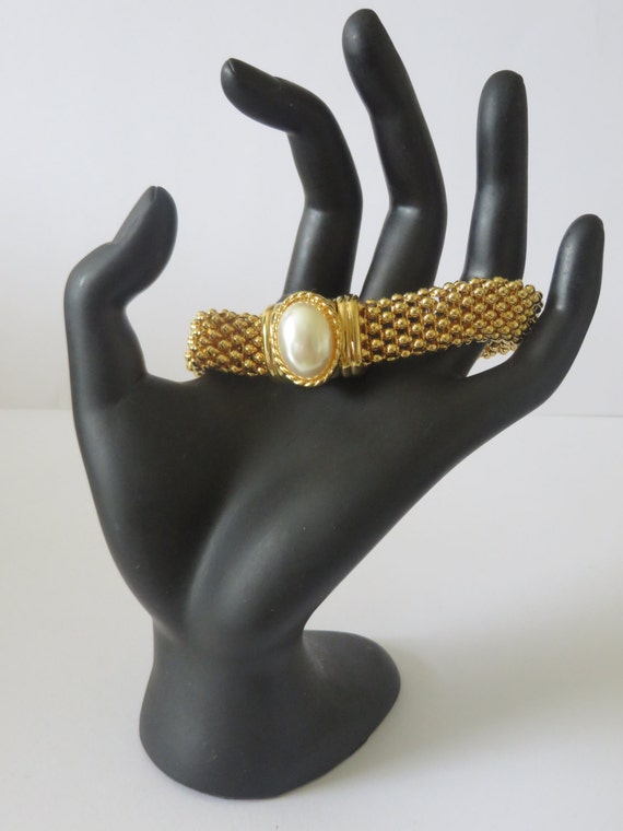 Vintage 80's Gold Tone Studs Bracelet with White … - image 3
