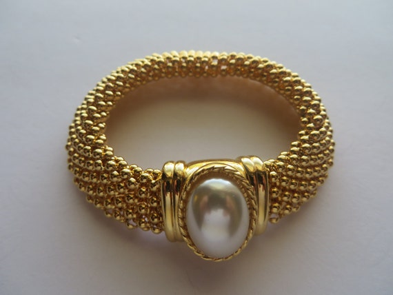 Vintage 80's Gold Tone Studs Bracelet with White … - image 5