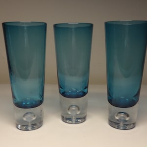 Vintage Tall Blue Hand Blown Shot Glasses Bubble on Bottom of the Glasses