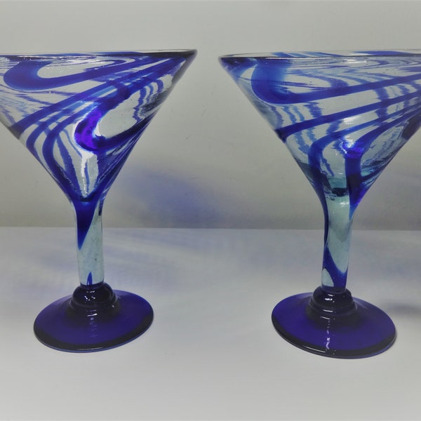 Mexican Blue Swirl Lines Margarita Hand Blown Margarita Glasses Set of Two