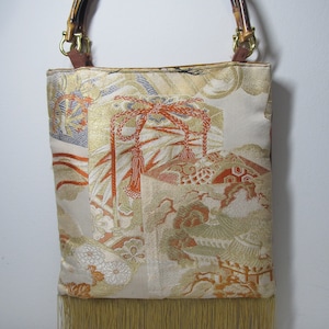 Vintage Musubi Designs Created from Antique OBI Silk Kimono Handbag with Bamboo Handles