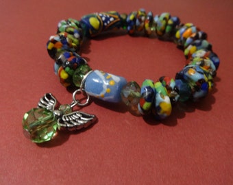 Afrikanischer Regenbogen Mix Krobo Puder und Regenbogen Medley Fused Rondelle Recycling Glasperlen Armband