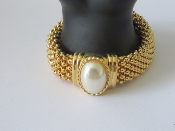 Vintage 80's Gold Tone Studs Bracelet with White … - image 2