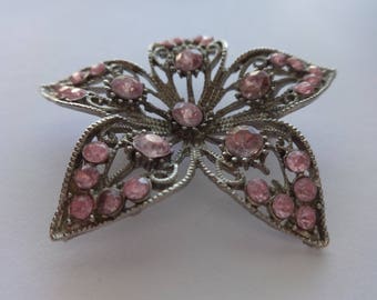 Vintage Silver Tone Pink Rhinestones Flower Brooch