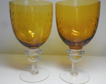 Vintage Zrike Pavillion Amber Clear Stem Water Goblets Set of Two (2)