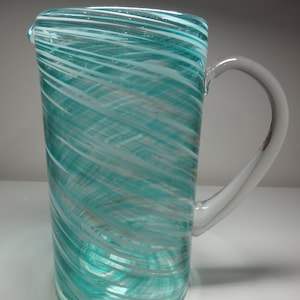 Vintage Mexican Hand Blown Green White Gold Swirl Lines Pitcher