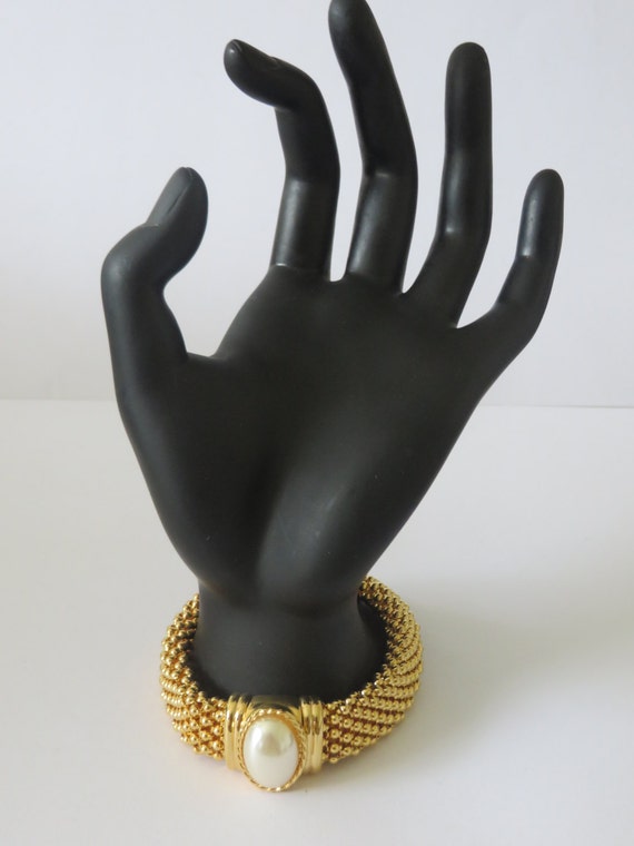 Vintage 80's Gold Tone Studs Bracelet with White … - image 1