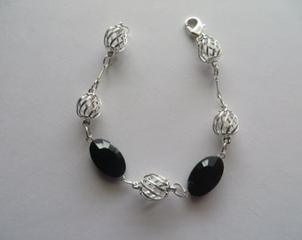 Handcrafted Silver Tone with Black Faceted Beads