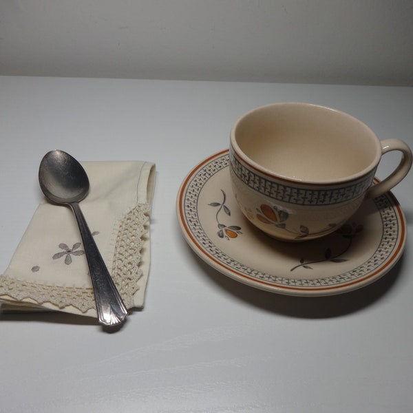 Vintage Zephyr Teacup and Saucer, Napkin and Berger Sterling Silver Spoon Set