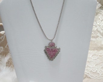 Silver Tone Vintage Necklace with Pink Stones Pendant