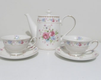 Shabby Chic Fine Porcelain Teapot / Teacup and Saucer Set