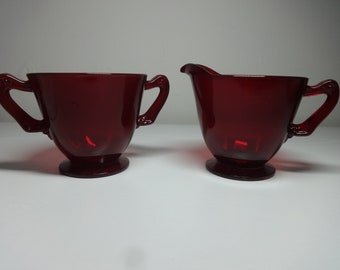 Vintage Ruby Red Royal Hocking Creamer and Sugar Bowl Set