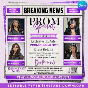 以下が含まれることがあります： 「BREAKING NEWS」と「PROM Special」の見出しが付いた紫と白のチラシ。ヘアスタイルの画像、「PROM GLAM ALERT！」と「Book now」のテキスト、ヘアサービス割引の詳細が特徴です。