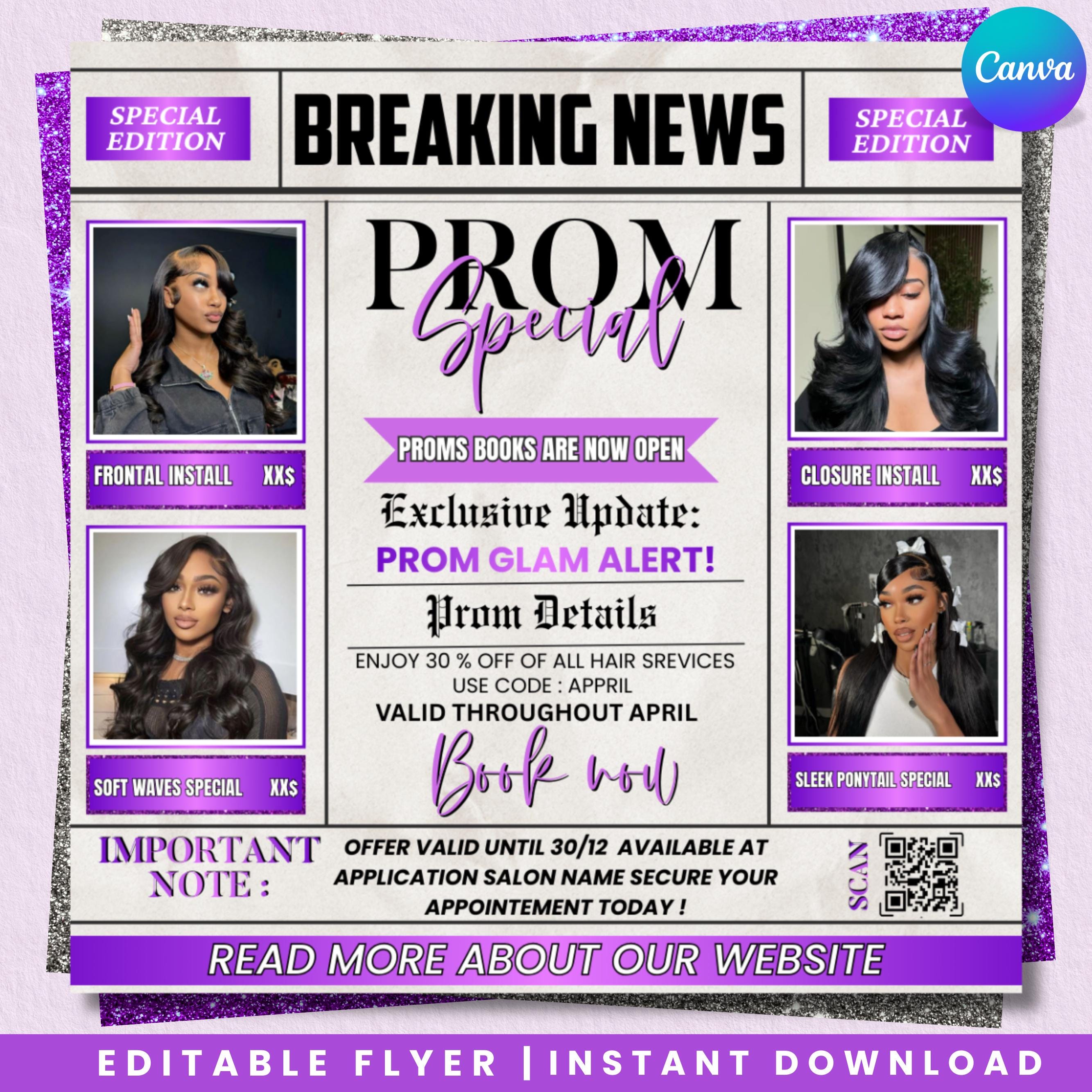 Promotion Prom Prom Special Flyer Template, Hair Stylist Prom Booking Flyer, Newspaper ...