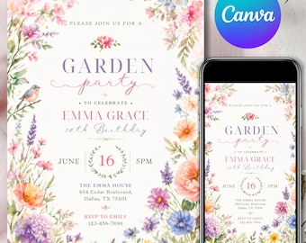 Inbjudan till trädgårdsfest i akvarellstil med vildblommor, födelsedagsinbjudan med ljusa blommor (digital nedladdning)
