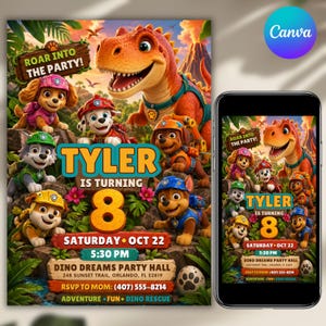 Può includere: Un invito digitale per una festa di compleanno con i personaggi di Paw Patrol e un grande dinosauro arancione. Il testo recita: ROAR INTO THE PARTY! TYLER IS TURNING 8, SATURDAY OCT 22, 5:30 PM, DINO DREAMS PARTY HALL, 248 SUNSET TRAIL, ORLANDO, FL 32819, RSVP TO MOM: (407) 555-8214.