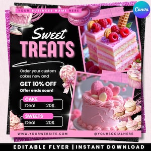 Puede incluir: Folleto rosa y negro que promociona "Sweet Treats", con imágenes de pasteles, cupcakes y macarons. El texto incluye "Sweet Treats", "Pide tus pasteles personalizados ahora" y "10% de descuento". El folleto también muestra un sitio web y un perfil de redes sociales.