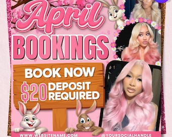 Mall för aprilbokningar | Vårens hårbokningskampanj | Påsk-skönhetssalong-flyer | Bokning av hårstylist | Redigerbar Canva-mall
