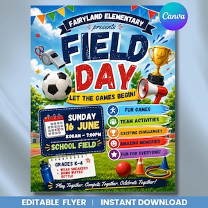 Puede incluir: Un folleto colorido para un día de campo escolar, con un balón de fútbol, un trofeo, un megáfono y un calendario para el 16 de junio. El folleto incluye el texto "Field Day" y detalles sobre juegos y actividades.