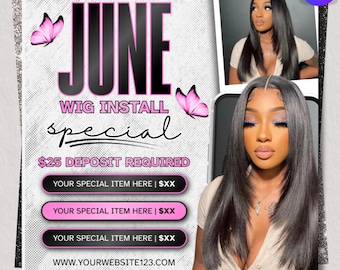 Bokningsflyer för juni | Bokningsflyer för sommaren | Flyer för flätor, hår, naglar, fransar och smink för juni | Redigerbar Canva-mall | Direkt nedladdning