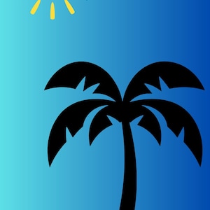 May include: A digital illustration of a sunny beach scene. A yellow sun with rays shines above a black palm tree. The background transitions from blue to light blue, with a tan beach at the bottom.