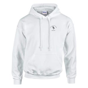 May include: White hooded sweatshirt with a front pocket and drawstring. The sweatshirt has a small graphic on the upper left chest with the text "A tribute to our community" and the location "Malden, MA". The brand name "Gildan" is visible on the hood.