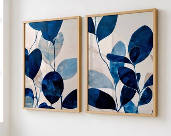 Indigo Abstract Leaf Prints, Organic Modern Botanical Diptych (Digital Download)