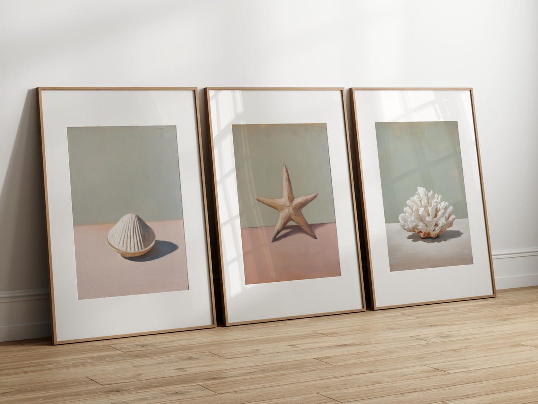 Coastal Wall Art Set of 3 Minimalist Shell Coral Starfish Beach House ...