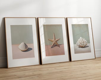 Coastal Wall Art Set of 3 Minimalist Shell Coral Starfish Beach House Decor