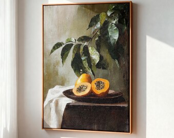 Papaya Still Life Digital Art Download, Oil Painting Style for Kitchen Decor