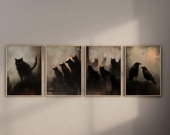 Dark Tonalism Animal Wall Art Set, Gothic Cats, Ravens, Wolves (Digital Prints)